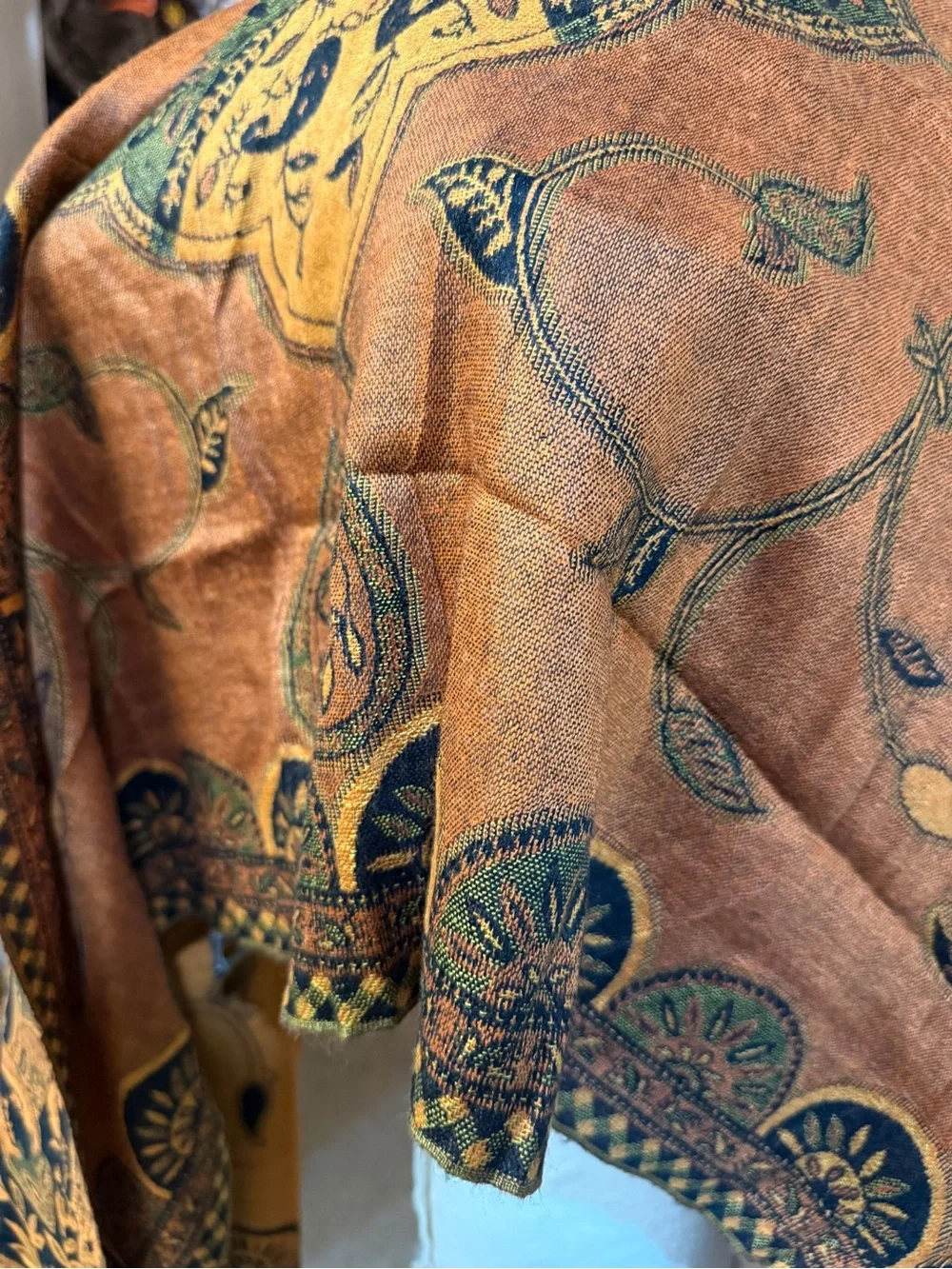 New pashmina silk reversible Handwoven Patterned Shawl Scarf - Orange & Olive